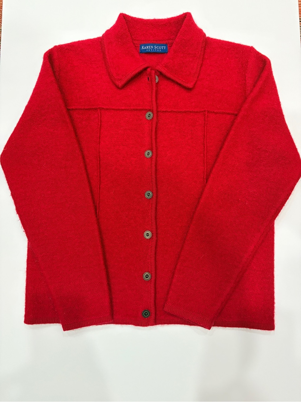 Karen Scott Beautiful Red Button-Front Cardigan Sweater, 100% Australian Wool.